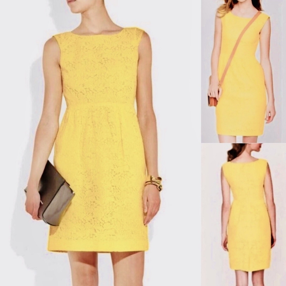 J.Crew Dress Womens 6 Yellow Lace Boatneck Pockets Cotton Blend Guest Preppy